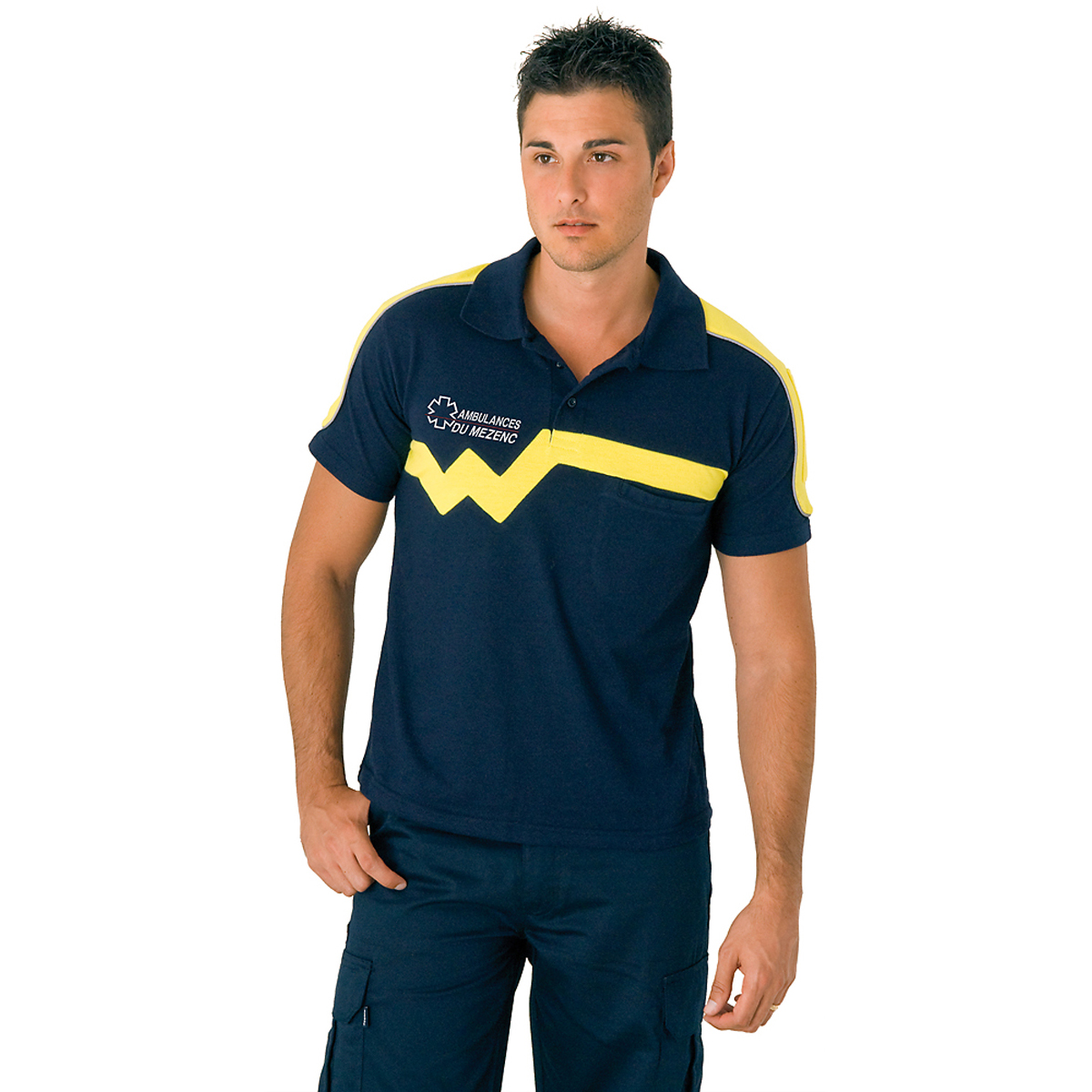 Polo DUO XW7 Corps Marine/ bandes jaune- Homme -