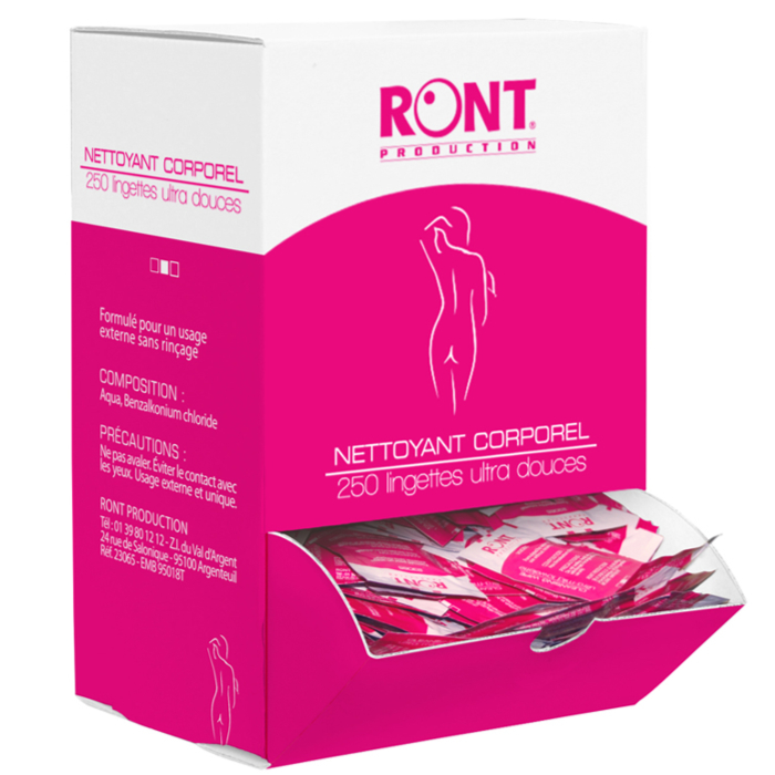 Lingettes nettoyantes pour les mains, le corps. Bte 250 sachets individuels